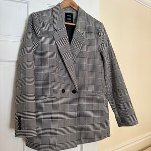 Gray Oversized cotton on Plaid Double-Breasted Blazer